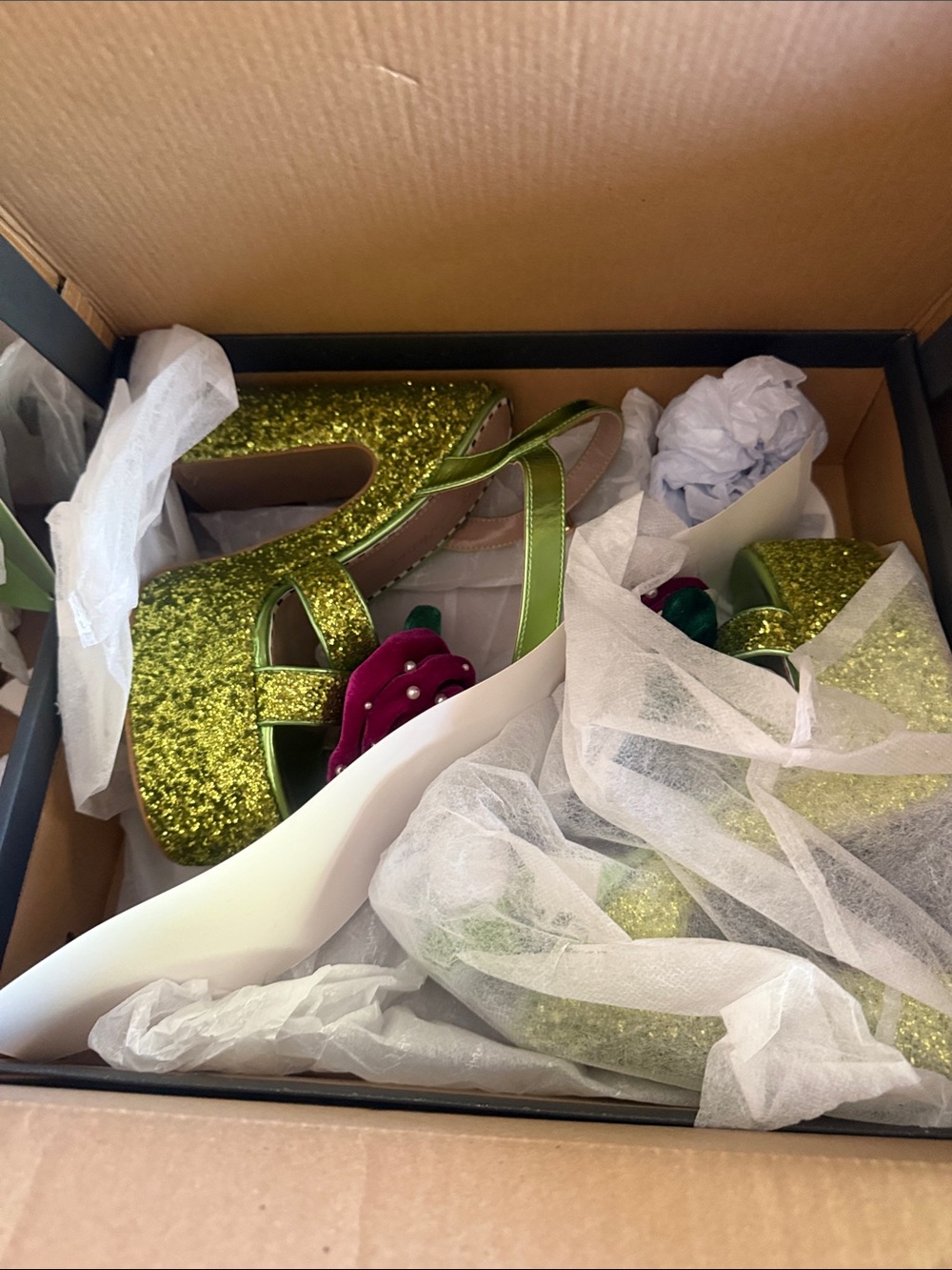 Betsey Johnson Green Glitter Platform Sandals with Pink Velvet Flower - Picture 4 of 4